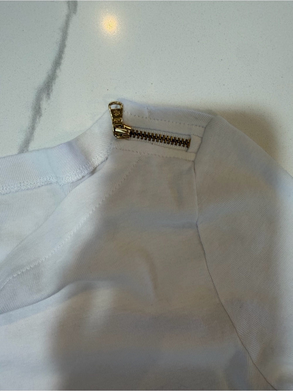 Ralph Lauren White Boatneck Short Sleeve Top with Gold Shoulder Zipper - Picture 3 of 4